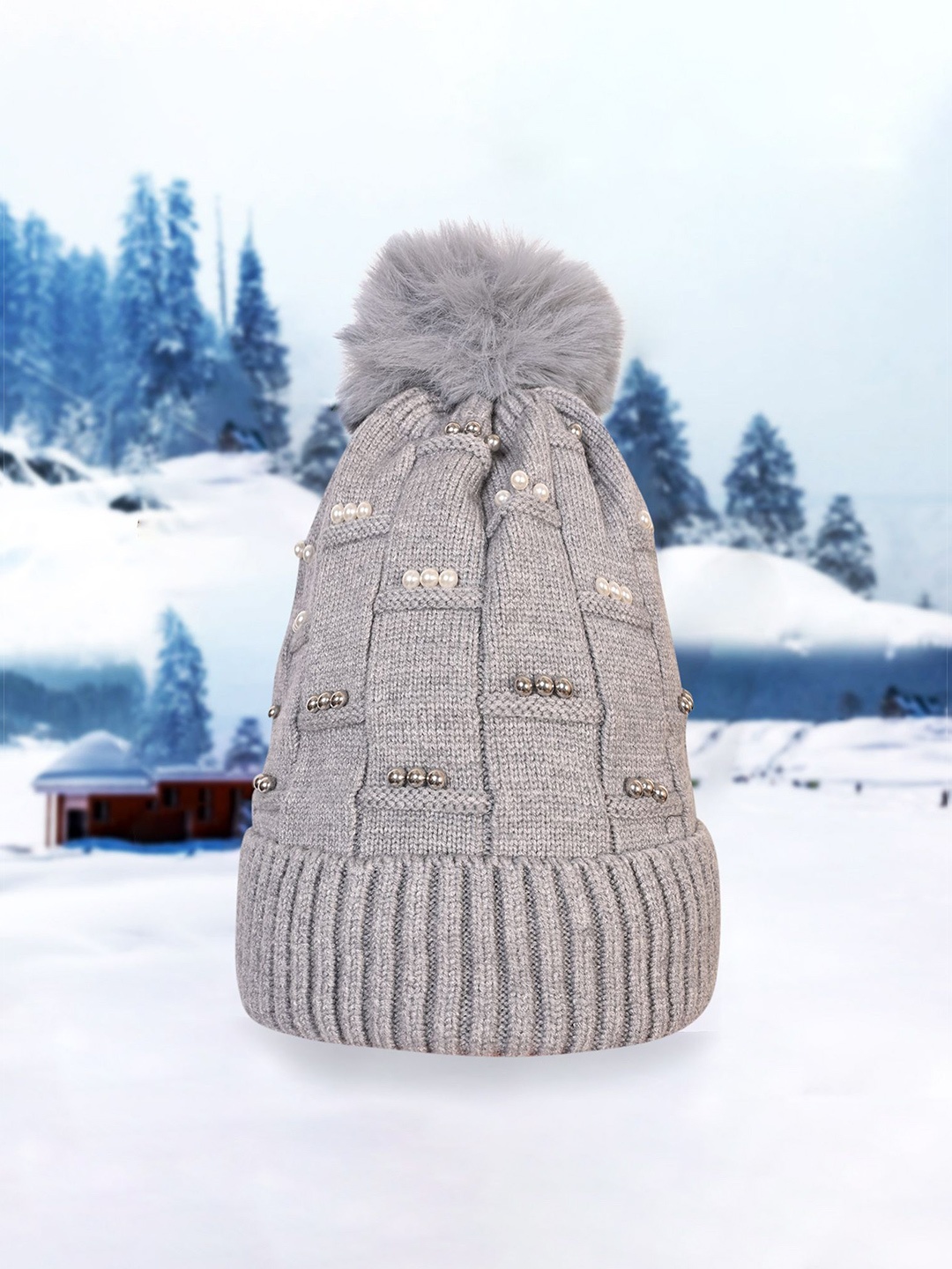 

LOOM LEGACY Women Woollen Embroidered Beanie Cap For Cold Weather, Grey