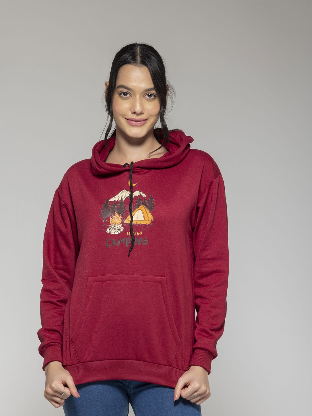 

OCTICS Women Graphic Printed Long Sleeves Hooded Sweatshirt, Maroon