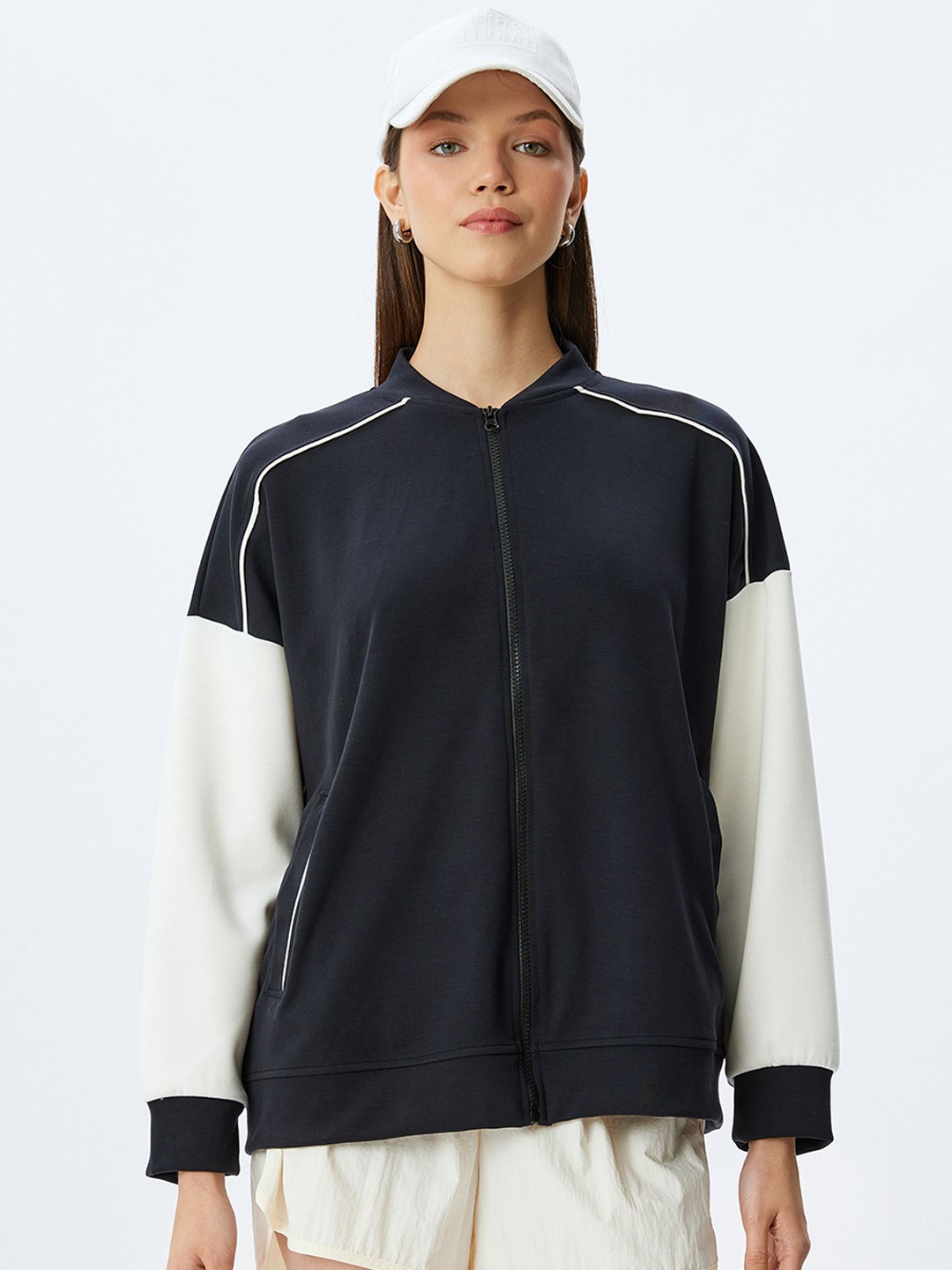 

Koton Women Colourblocked Bomber with Embroidered Jacket, Black