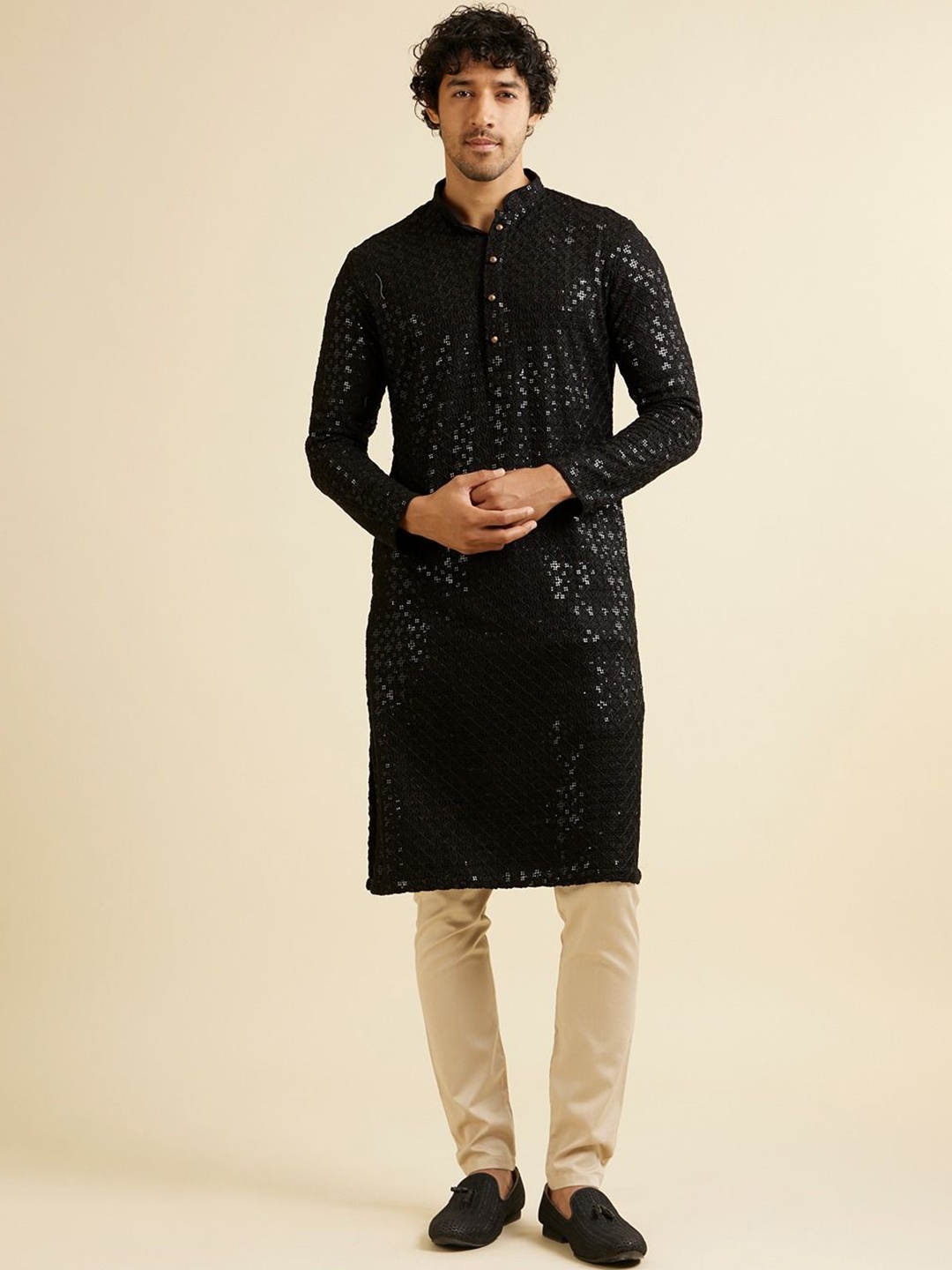 

Manyavar Men Embroidered Regular Sequinned Kurta with Pyjamas, Black