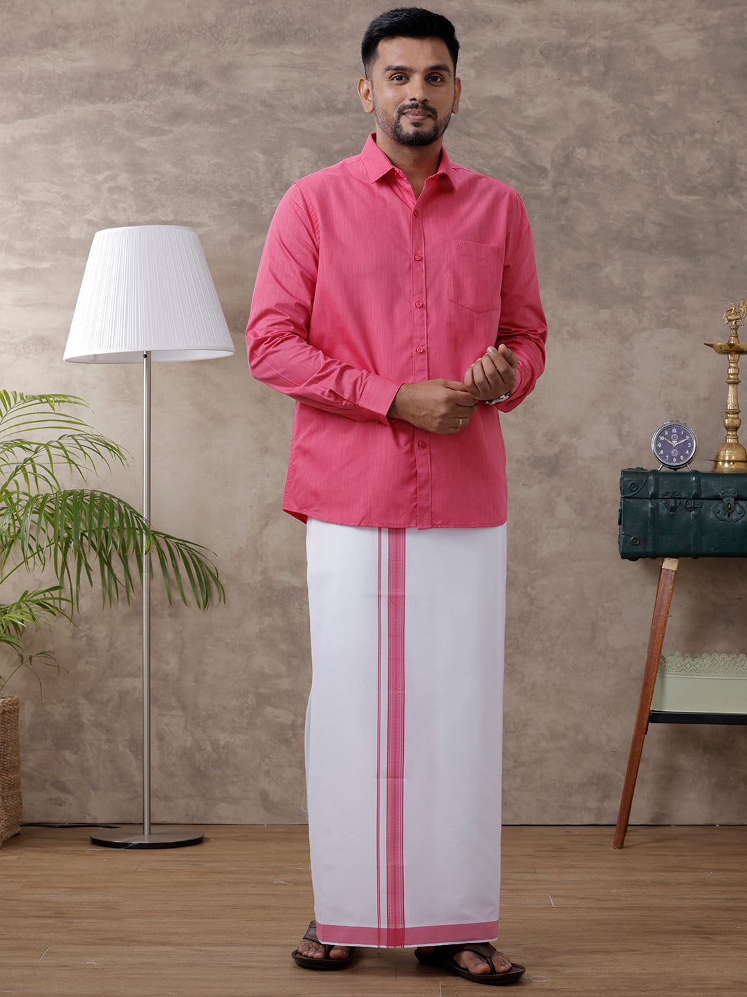 

Ramraj Men Full Sleeve Shirt Regular Collar Shirt With Matching Fancy Border Dhoti, Pink