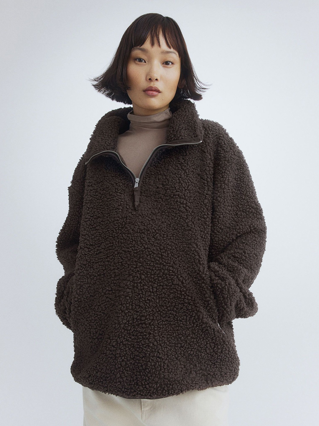 

H&M MAMA Before & After Zip-Top Teddy Sweatshirt, Brown