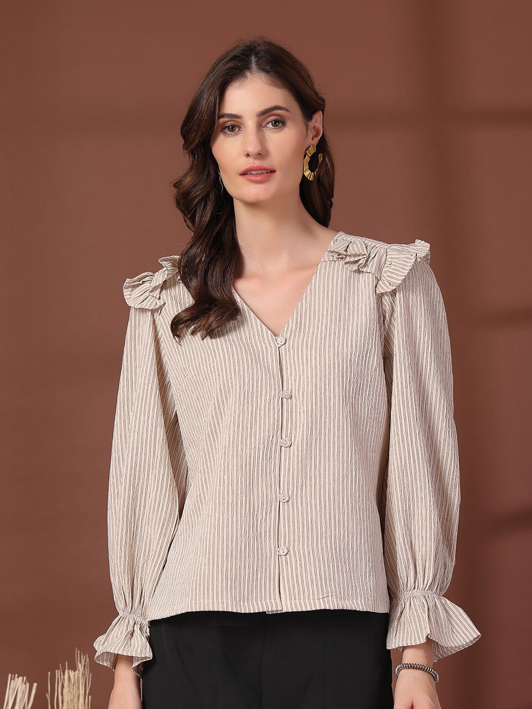 

plusS Striped Puff Sleeve Ruffles Top, Beige