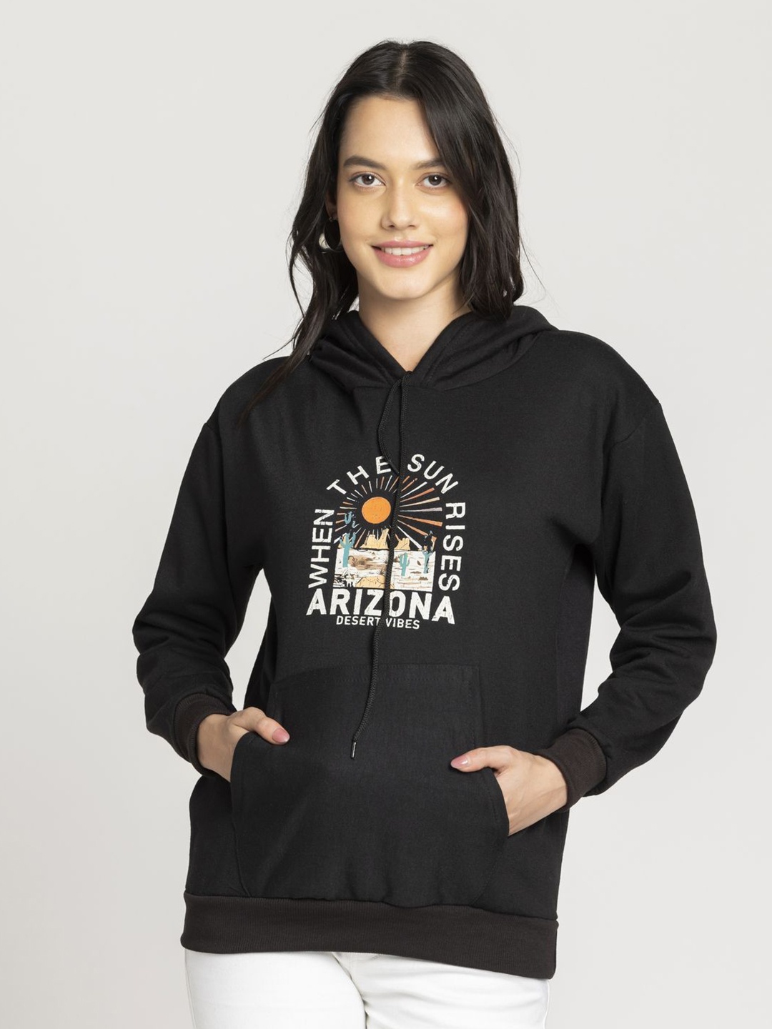 

OCTICS Women Graphic Printed Hooded Sweatshirt, Black