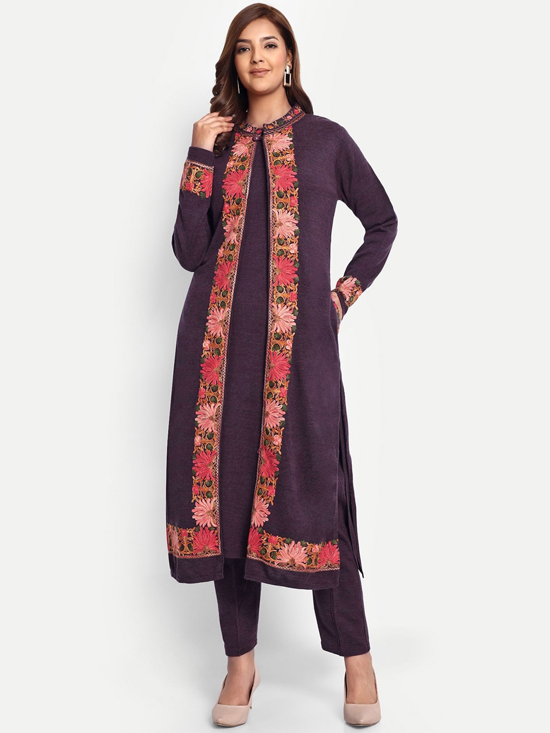 

HAUTEMODA Pure Wool Kurta with Trouser & Shrug, Purple