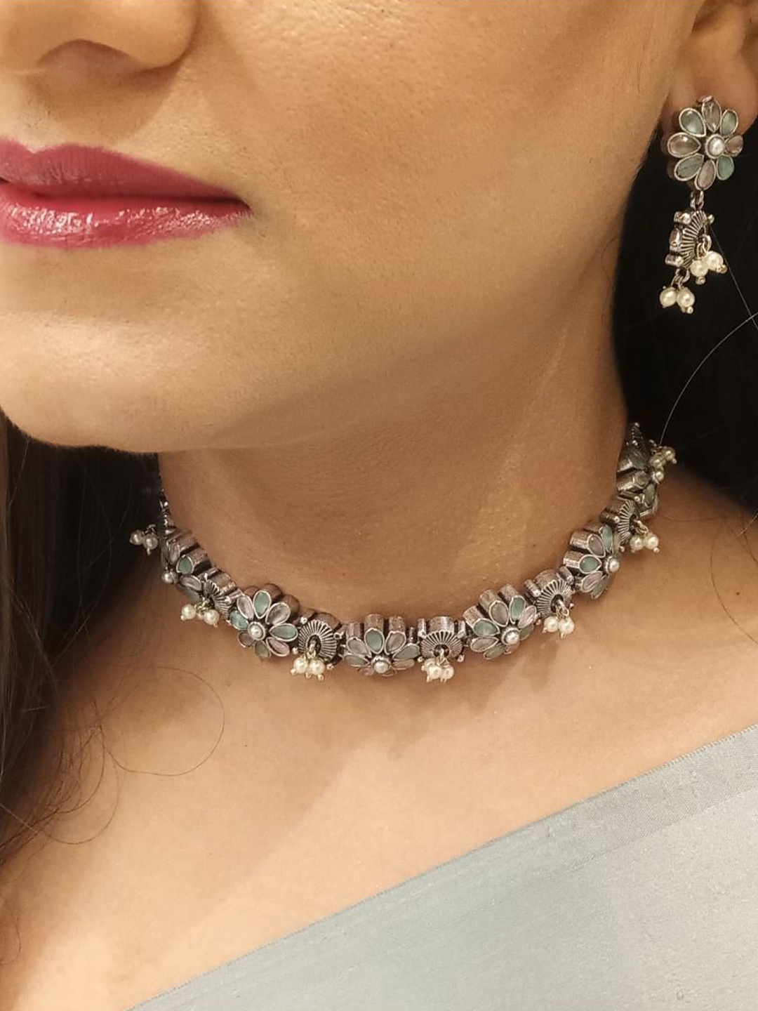 

Efulgenz Oxidized Rhodium-Plated Stone-Studded & Beaded Jewellery Set, Silver