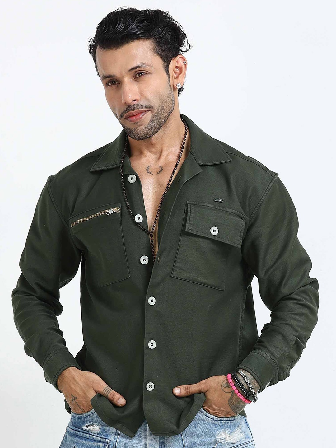 

Italian Colony Layer Luxe Casual Cuban Shacket, Green