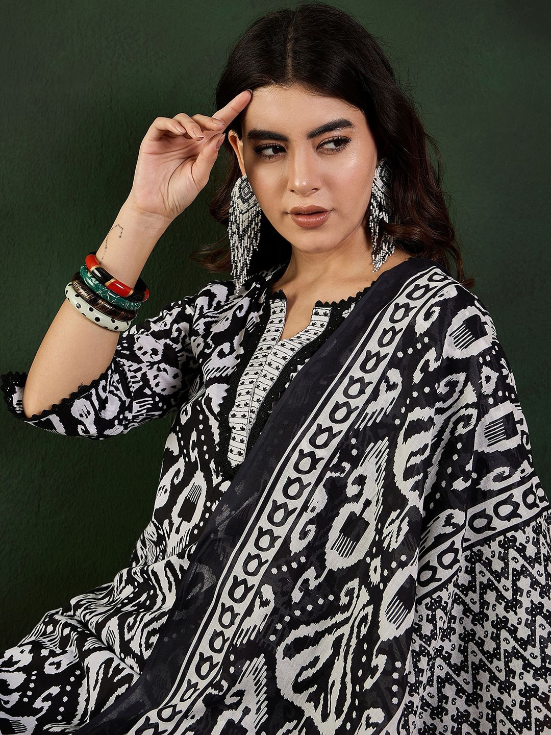 

Sangria Abstract Printed Pure Cotton Kurta Set With Dupatta, Black