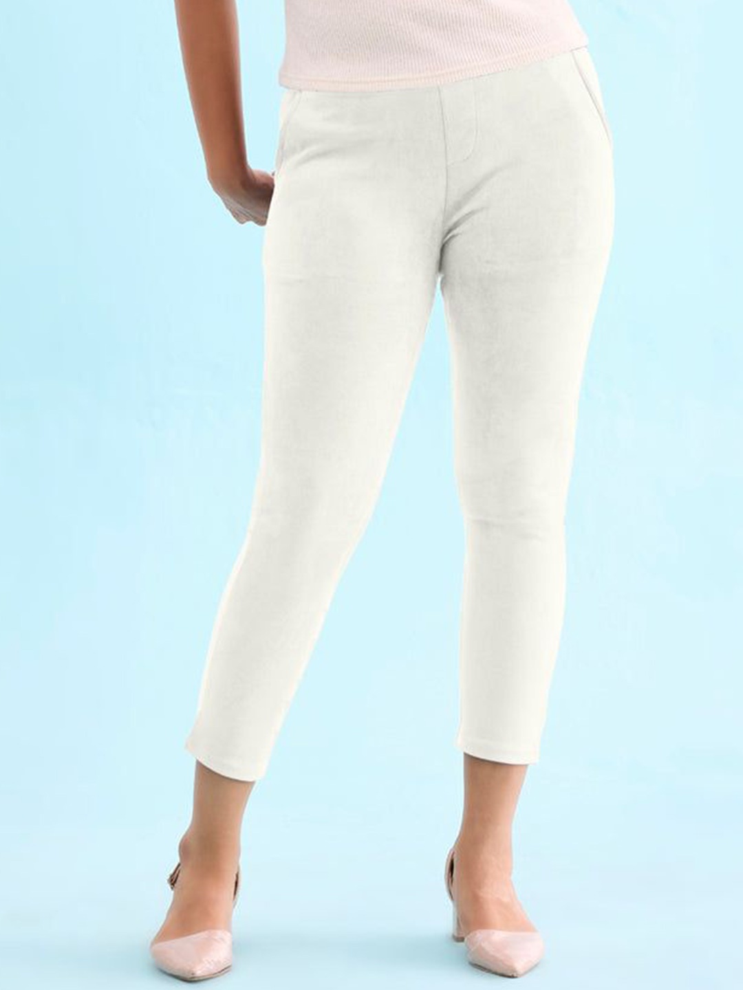 

Go Colors Women Solid Mid Rise Slim Fit Treggings, Cream