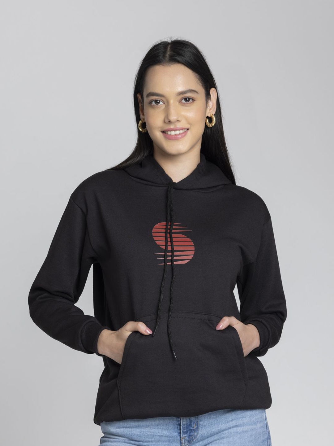 

OCTICS Women Graphic Printed Hooded Pullover Sweatshirt, Black