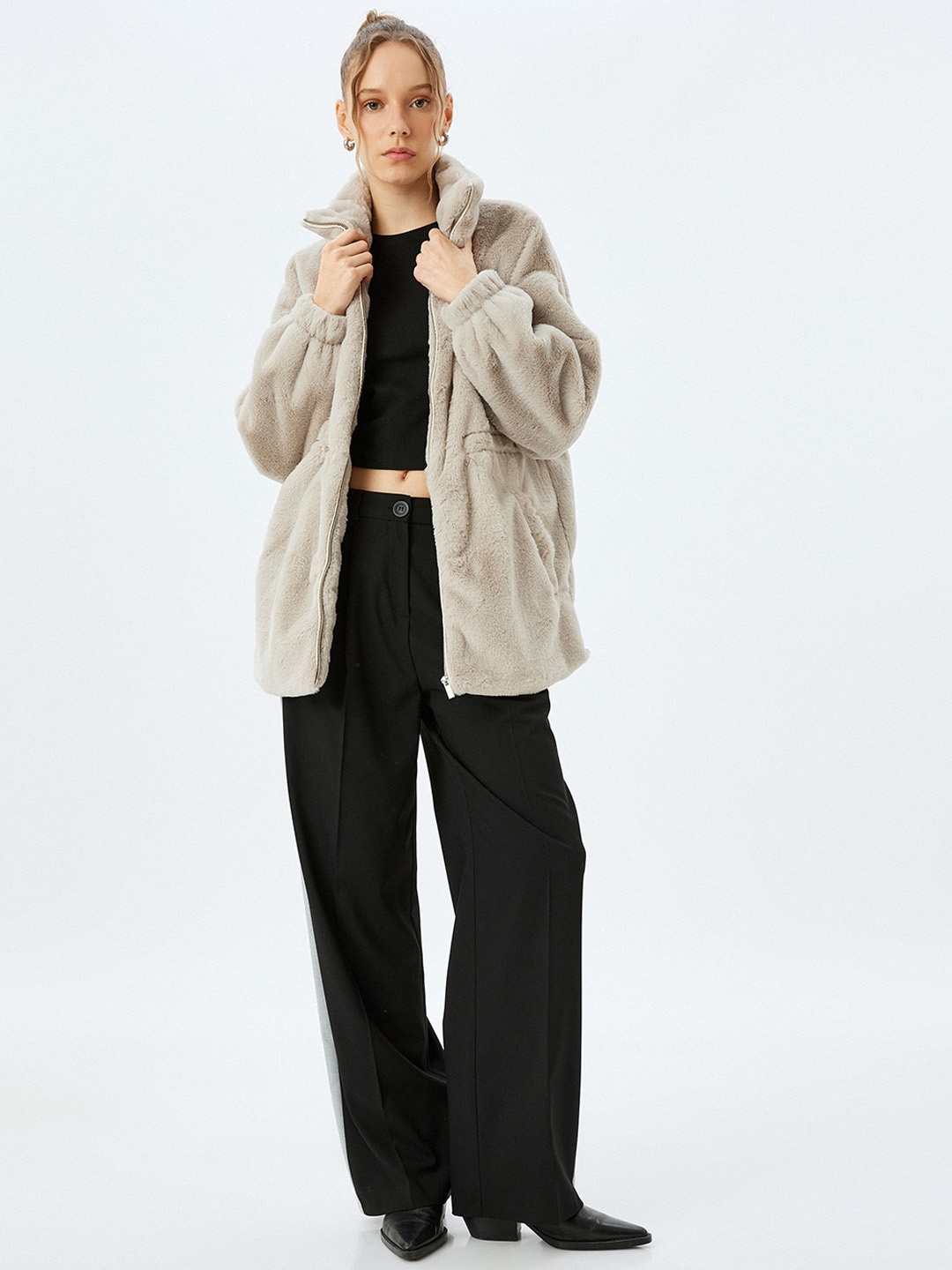 

Koton Women Colourblocked Longline Sporty Jacket, Beige