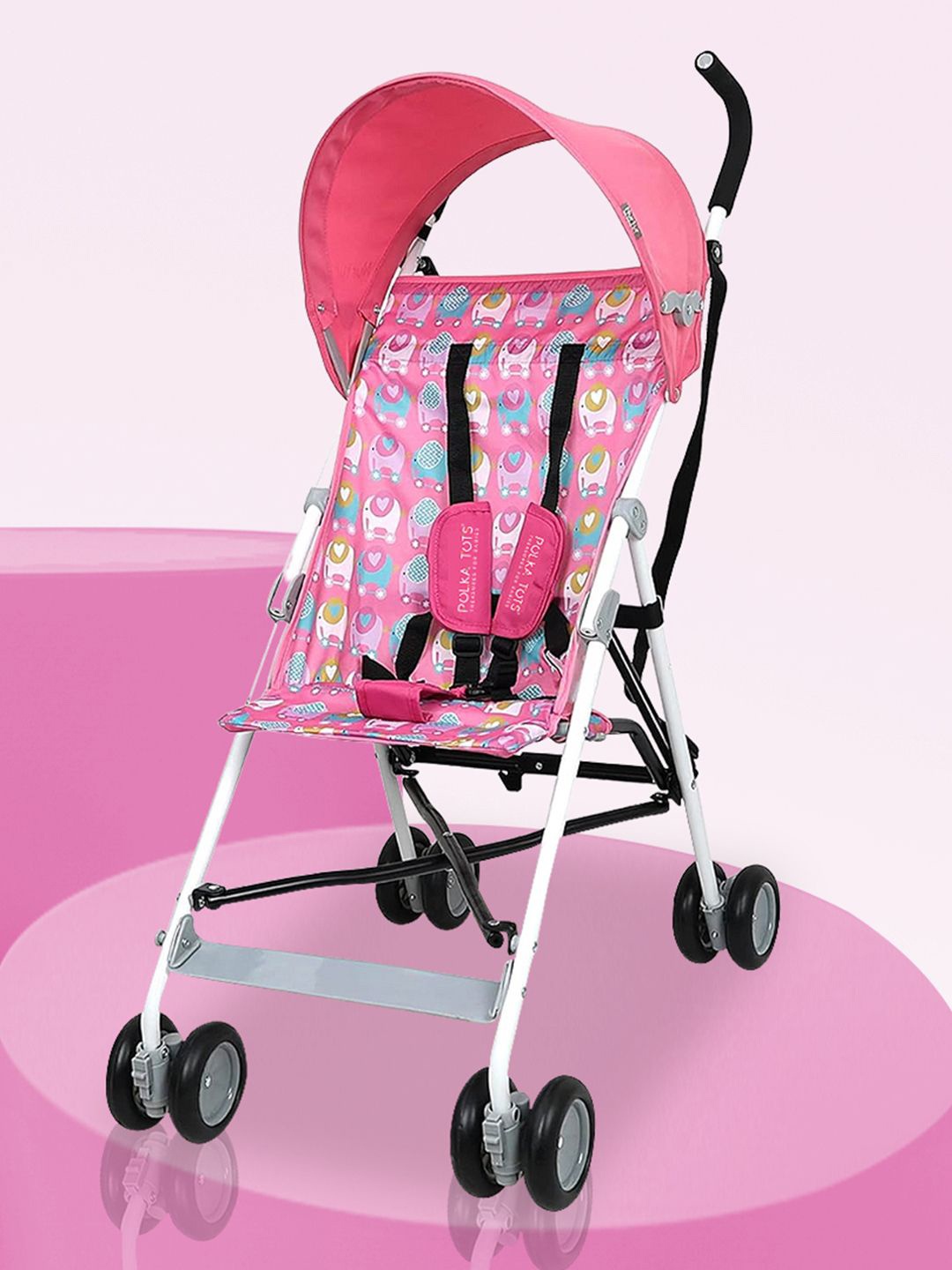 

Polka Tots Light Weight Elephant Print Buggy Strollers Easy Drifft, Pink