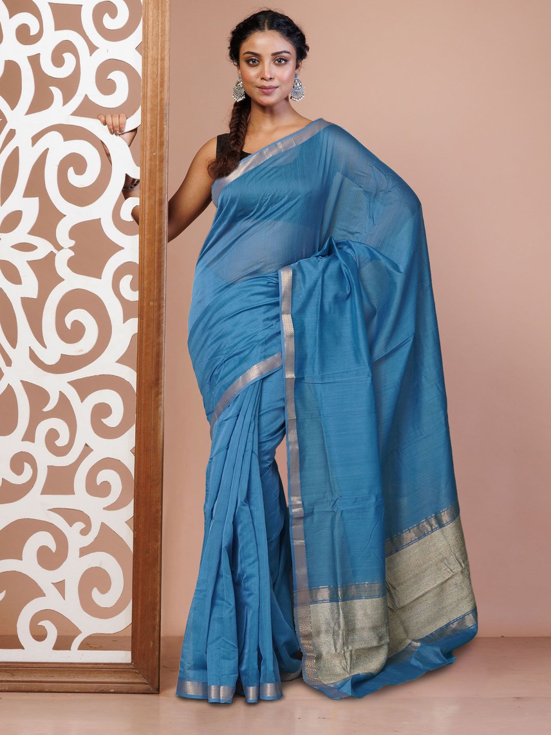 

Unnati Silks Zari Silk Cotton Handloom Maheshwari Saree, Blue