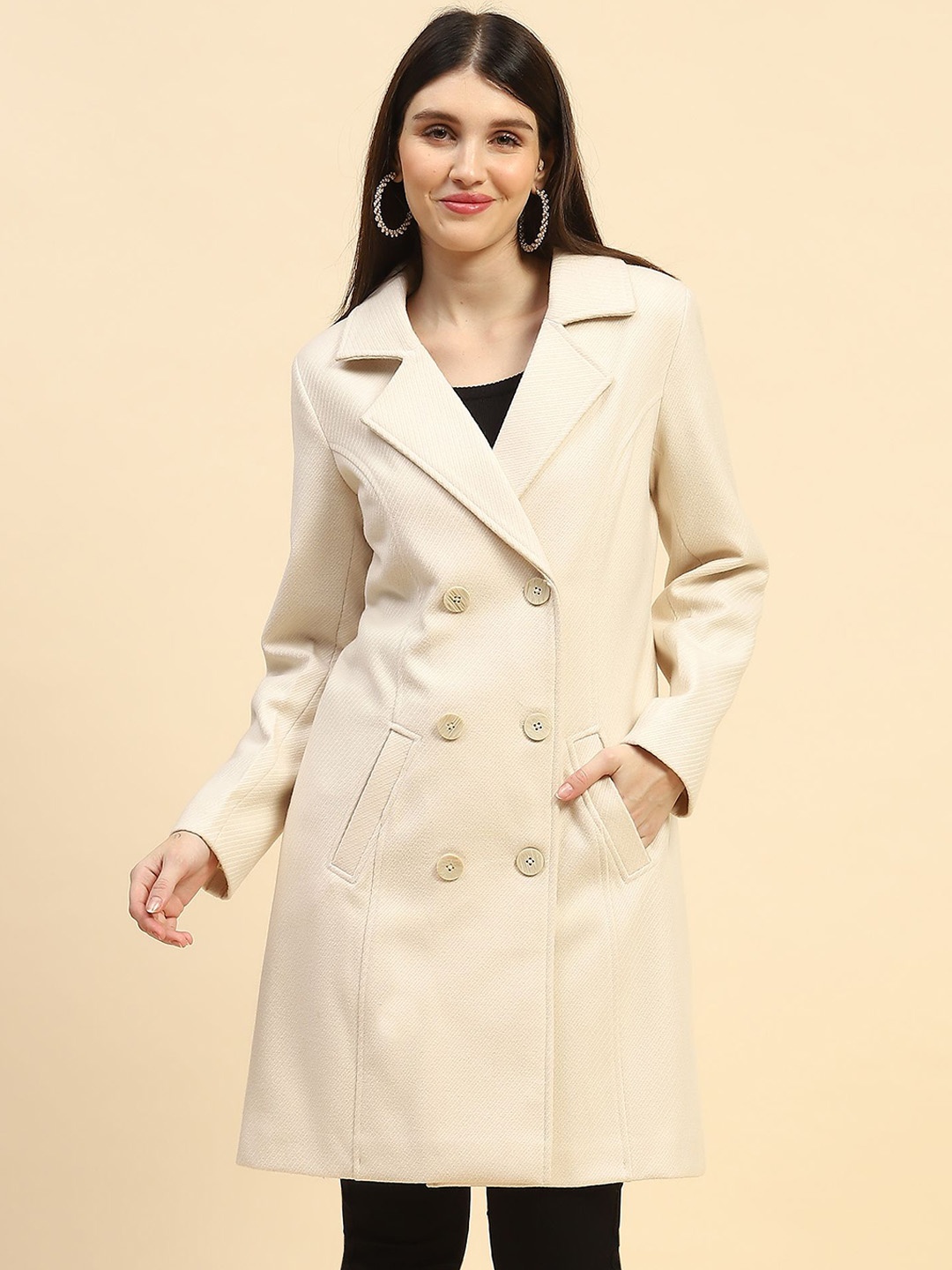

Global Republic Knee Length Pea Coat, Cream