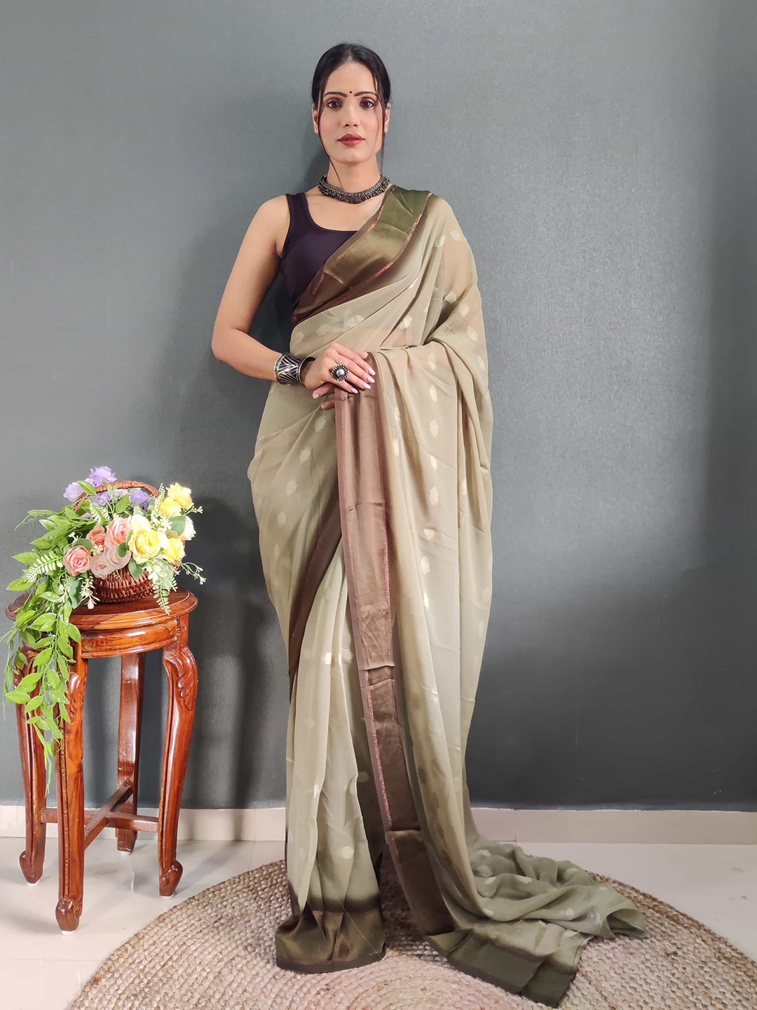 

KALINI Zari Satin Ready to Wear Jamdani Saree, Brown