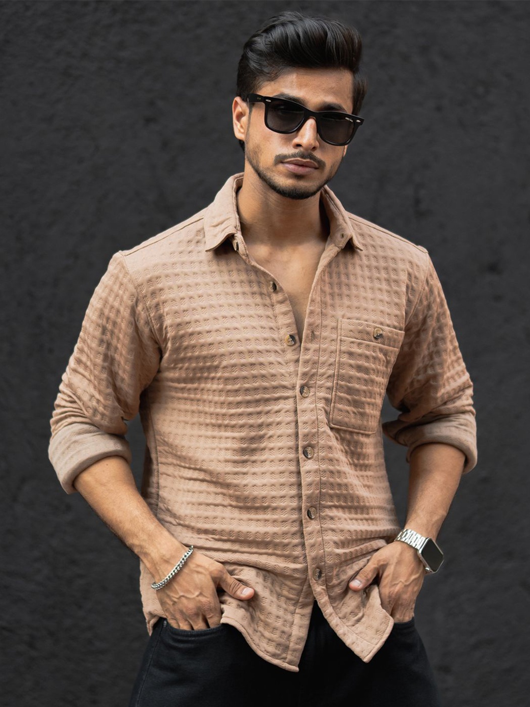 

Powerlook Men Horizontal Stripes Opaque Casual Shirt, Beige