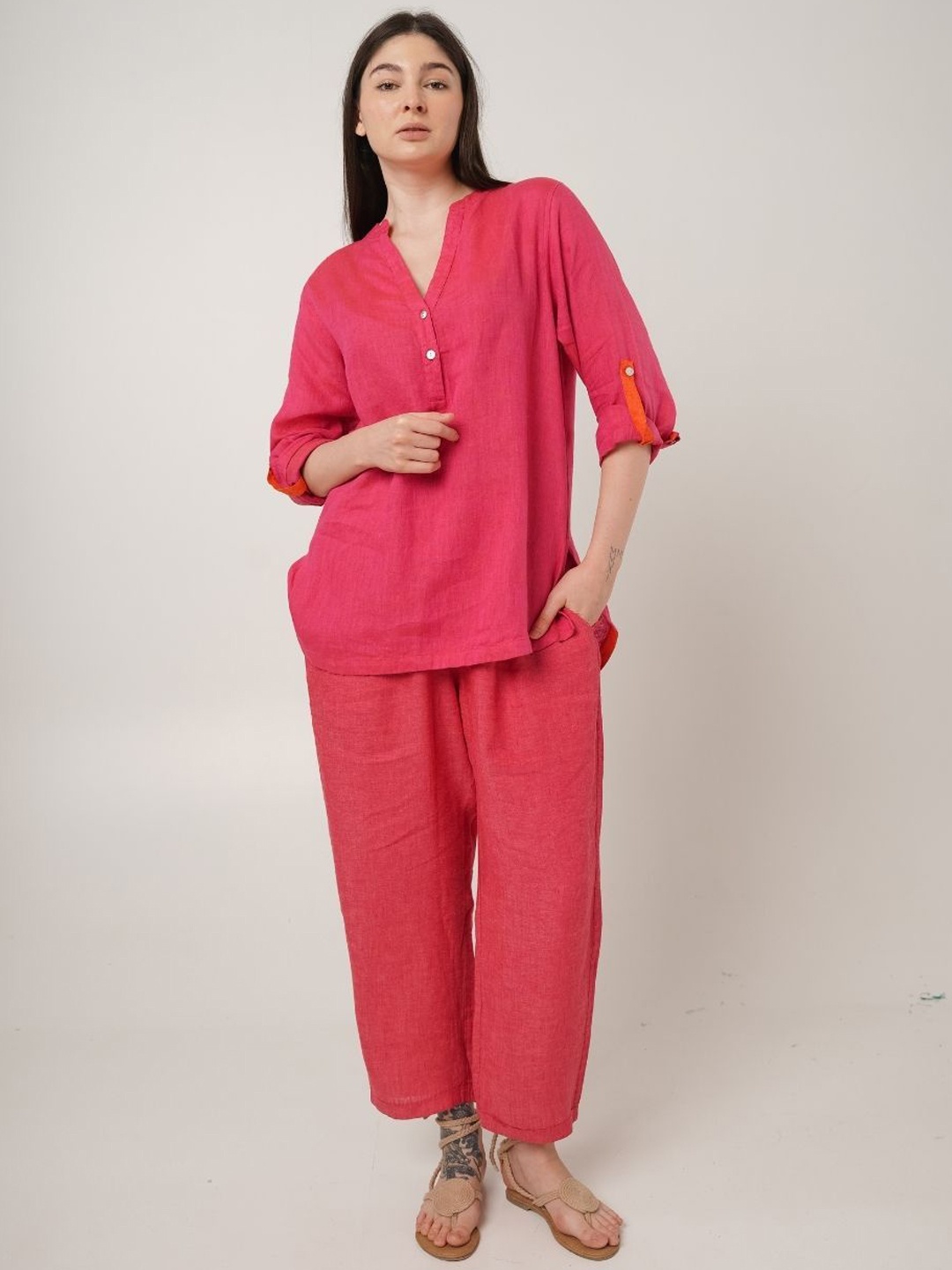 

Fabulous Mandarin Collar Linen Tunic & Trousers, Fuchsia