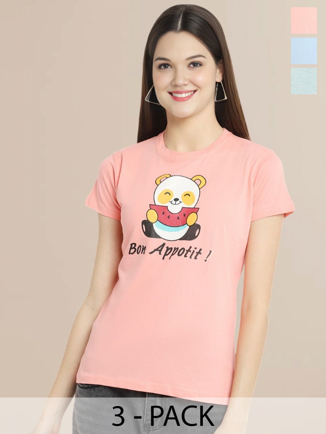 Metronaut Women Typography Set of 3 Cotton T-shirt, Multi