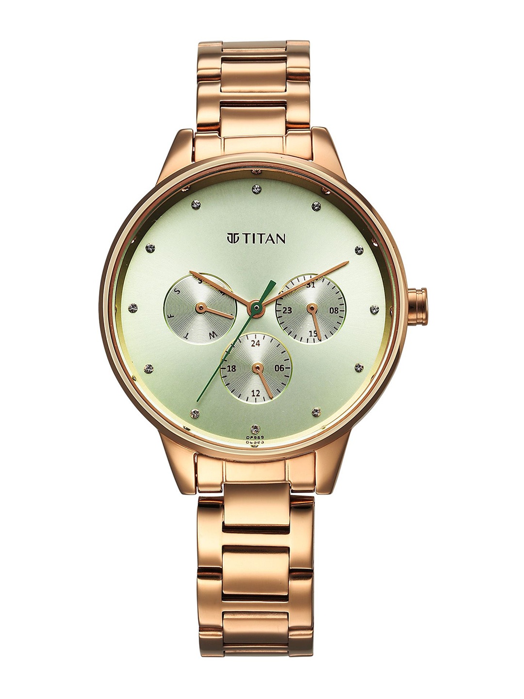 

Titan Women Brass Embellished Dial & Stainless Steel Bracelet Style Straps Analogue Watch 2648WM09, Green