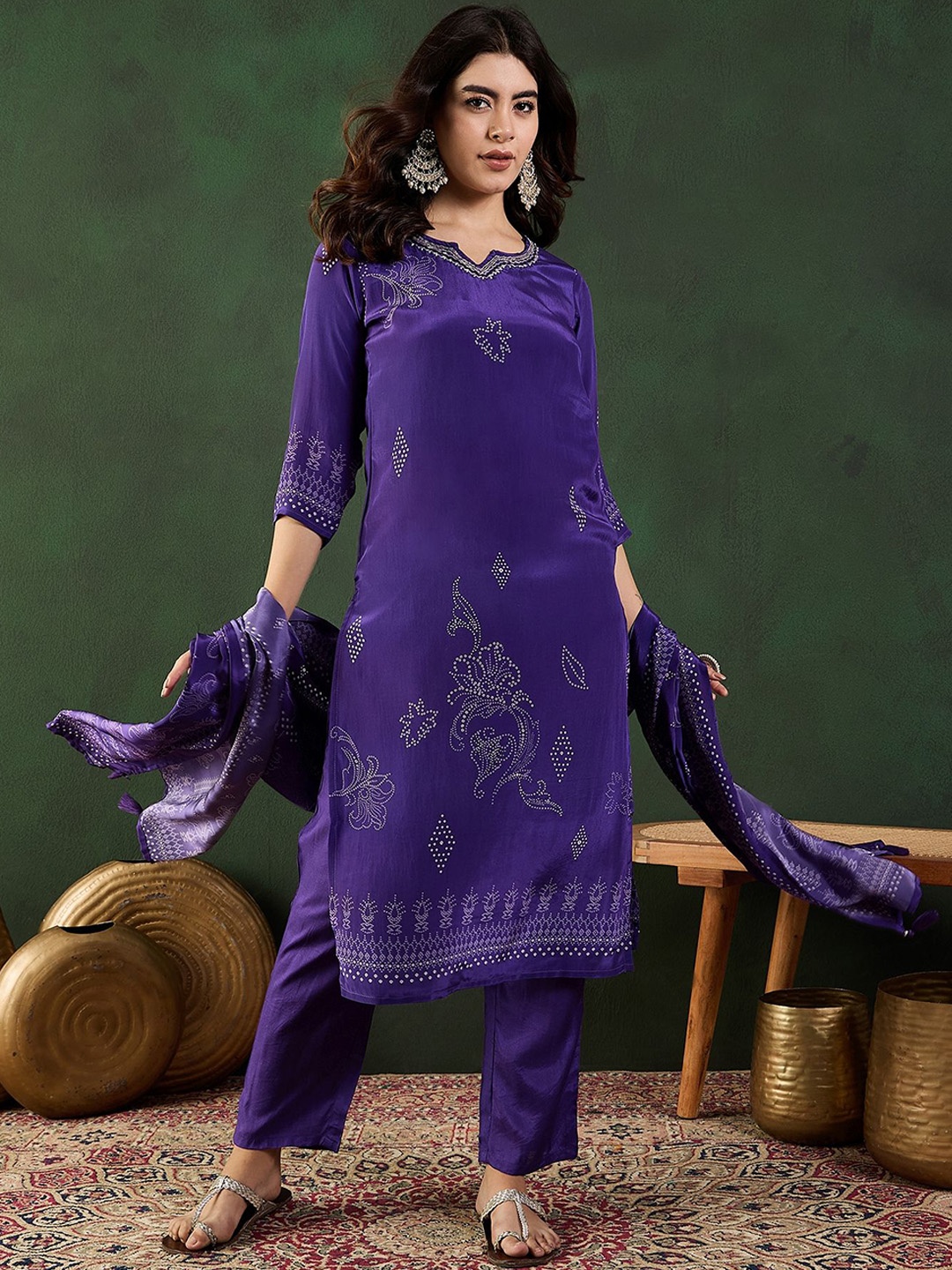 

Sangria Bandhani Printed Kurta With Trousers & Dupatta Set, Blue
