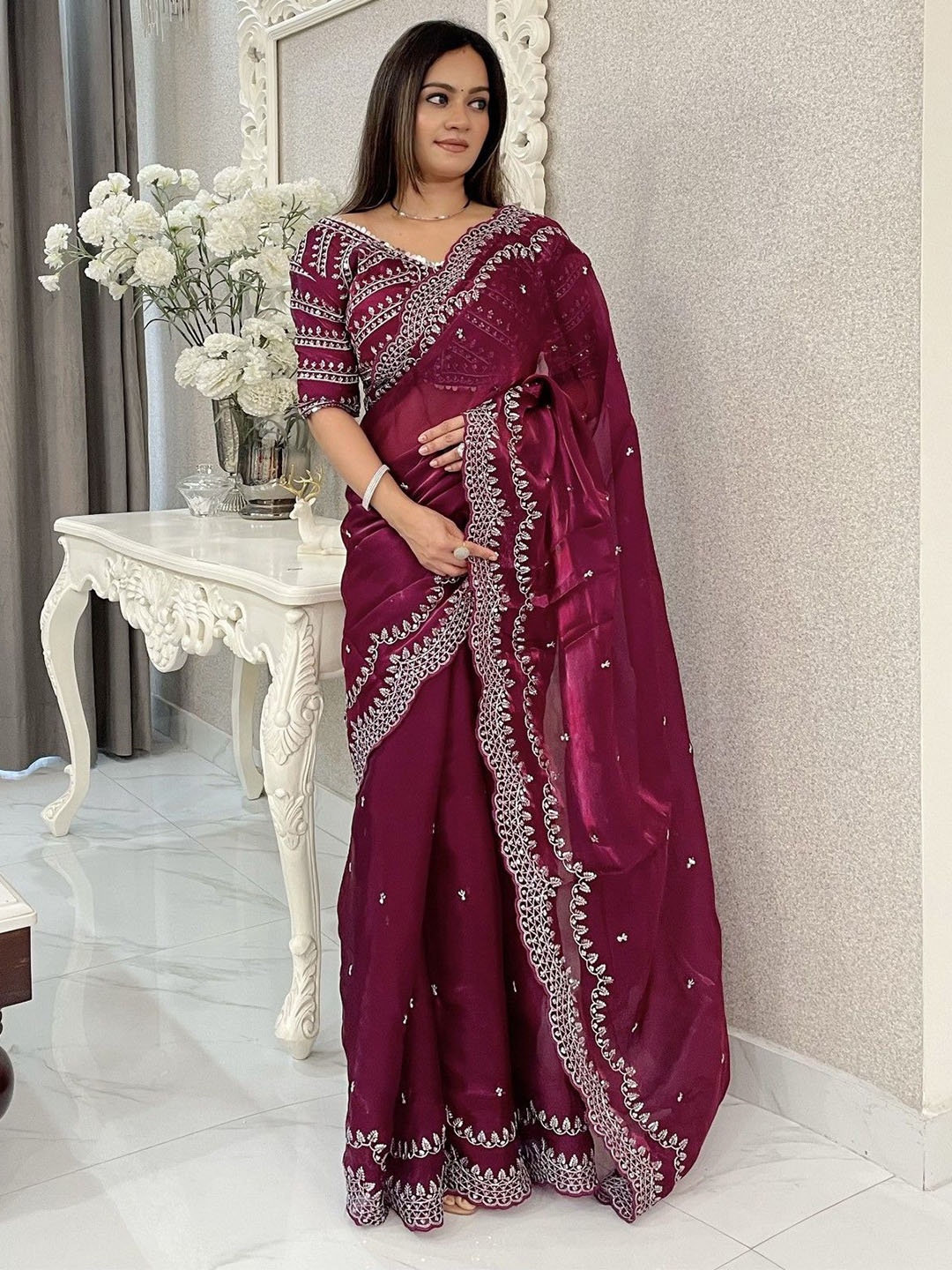 

LeeliPeeri Designer Ethnic Motifs Embroidered Poly Georgette Saree, Maroon