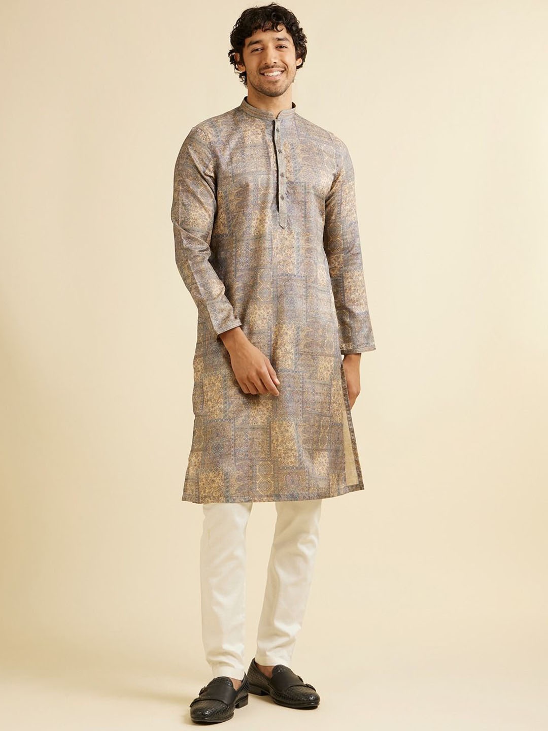 

Manyavar Men Floral Printed Regular Kurta with Pyjamas, Beige