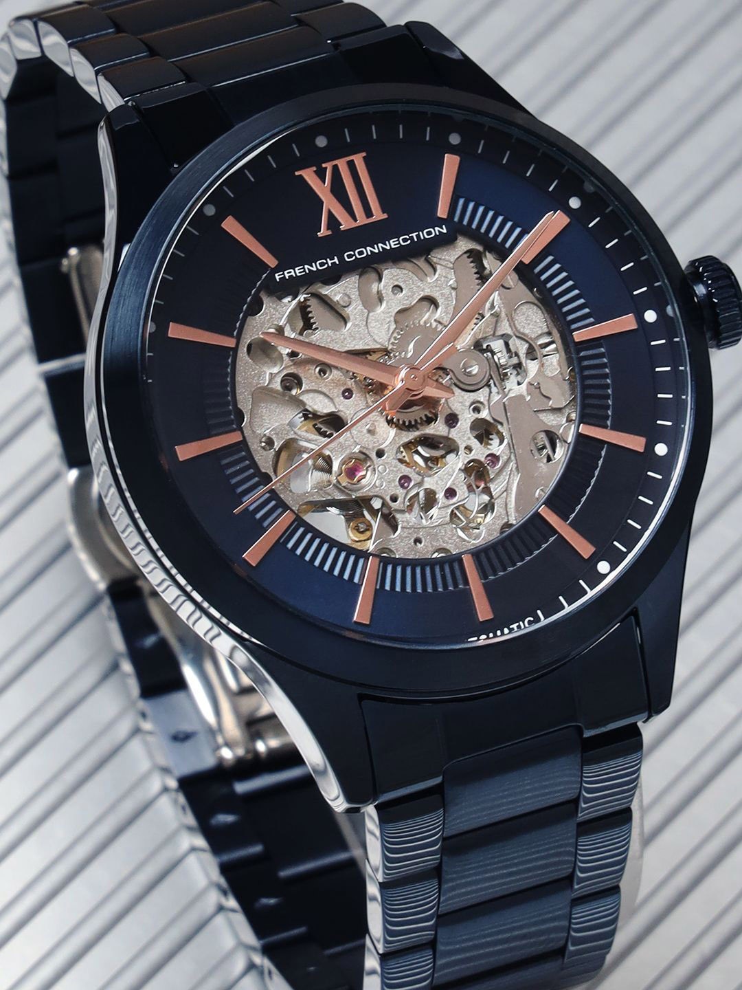 

French Connection Men Skeleton Dial & Bracelet Style Straps Analogue Watch FCA10UM, Blue