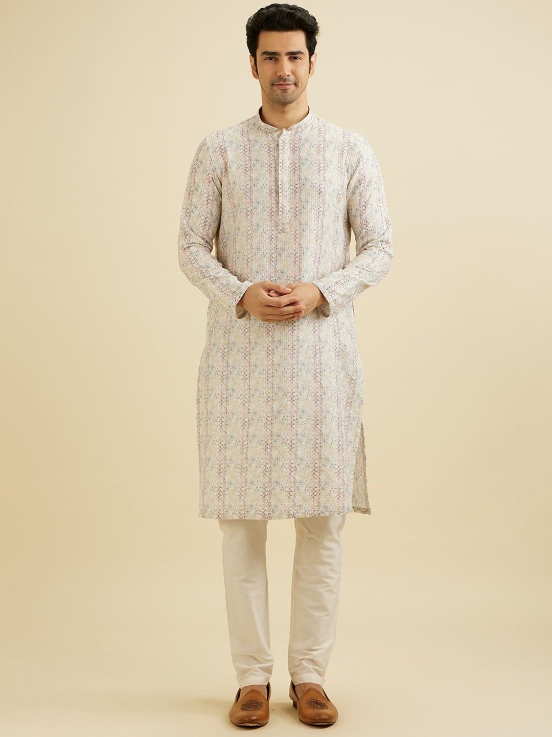 

Manyavar Men Embroidered Regular Sequinned Kurta with Pyjamas, Cream