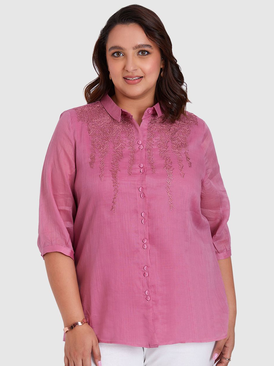 

Presence Embroidered Linen Shirt Style Top, Pink