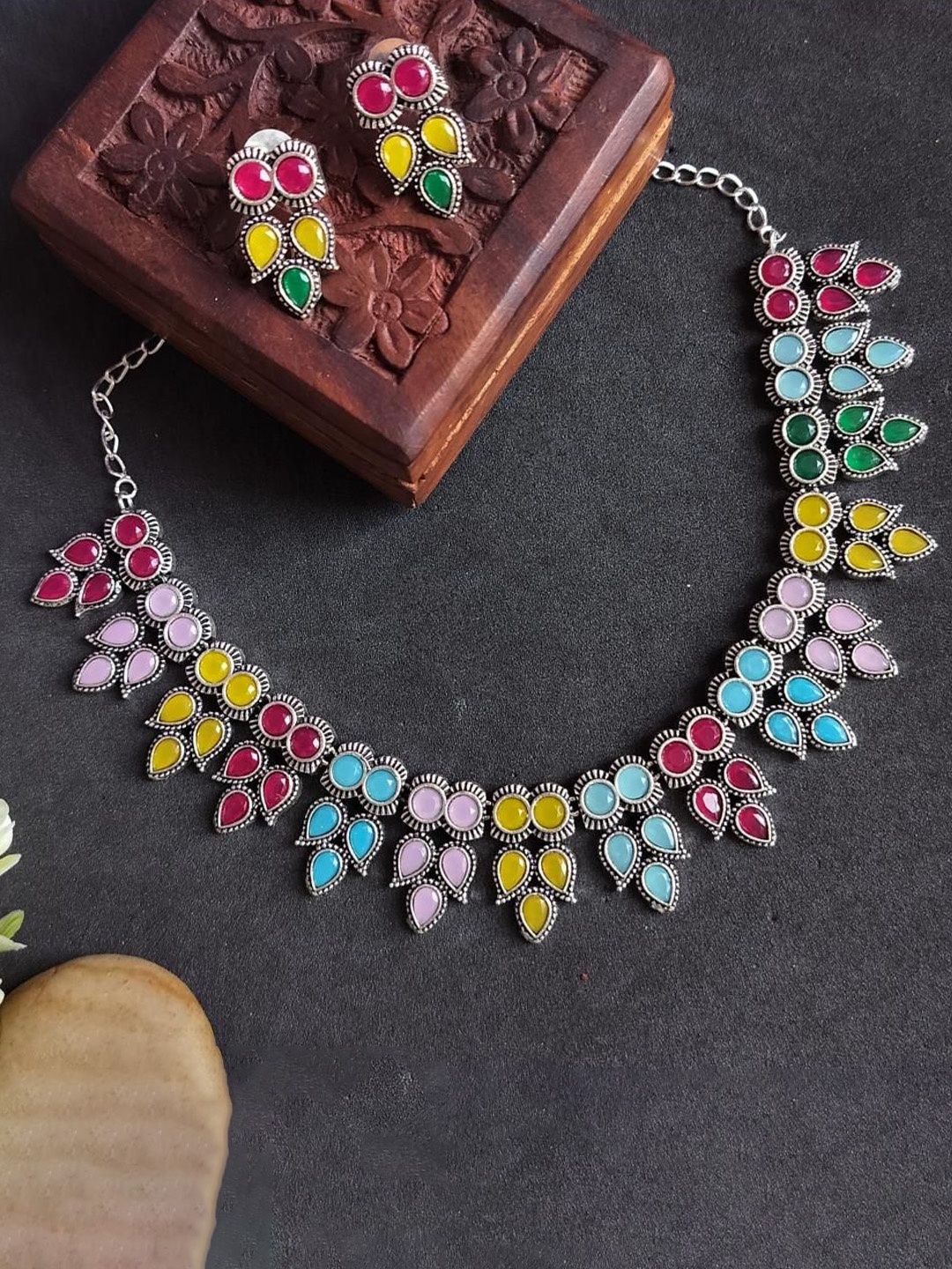 

Efulgenz Rhodium-Plated Crystal Studded Oxidized Jewellery Set, Silver