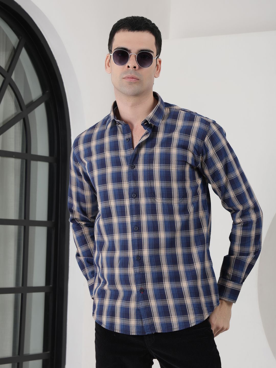 

COBB Men Slim Fit Tartan Checks Opaque Checked Casual Shirt, Navy blue