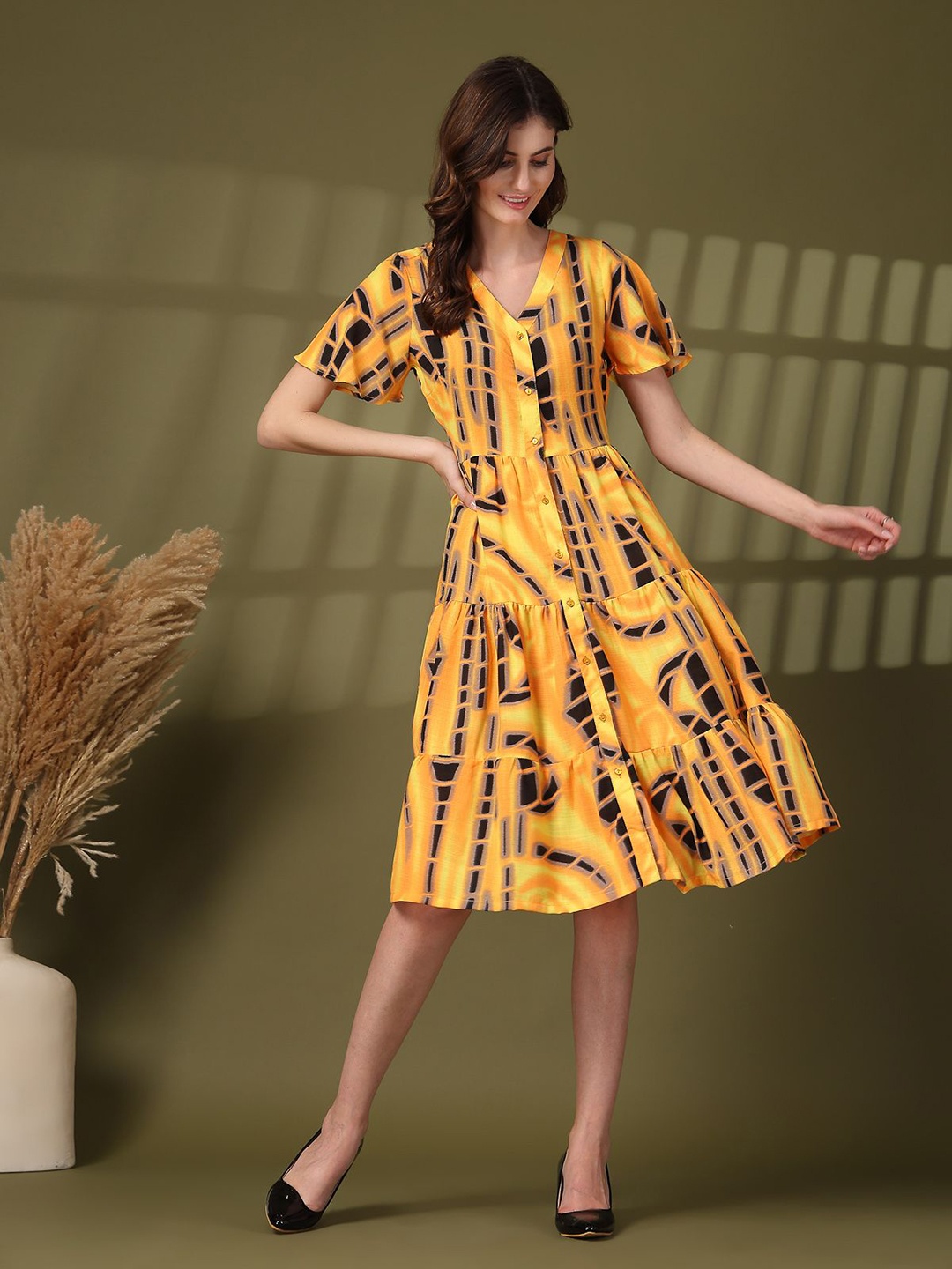 

plusS Tie and Dye Print Fit & Flare Dress, Mustard