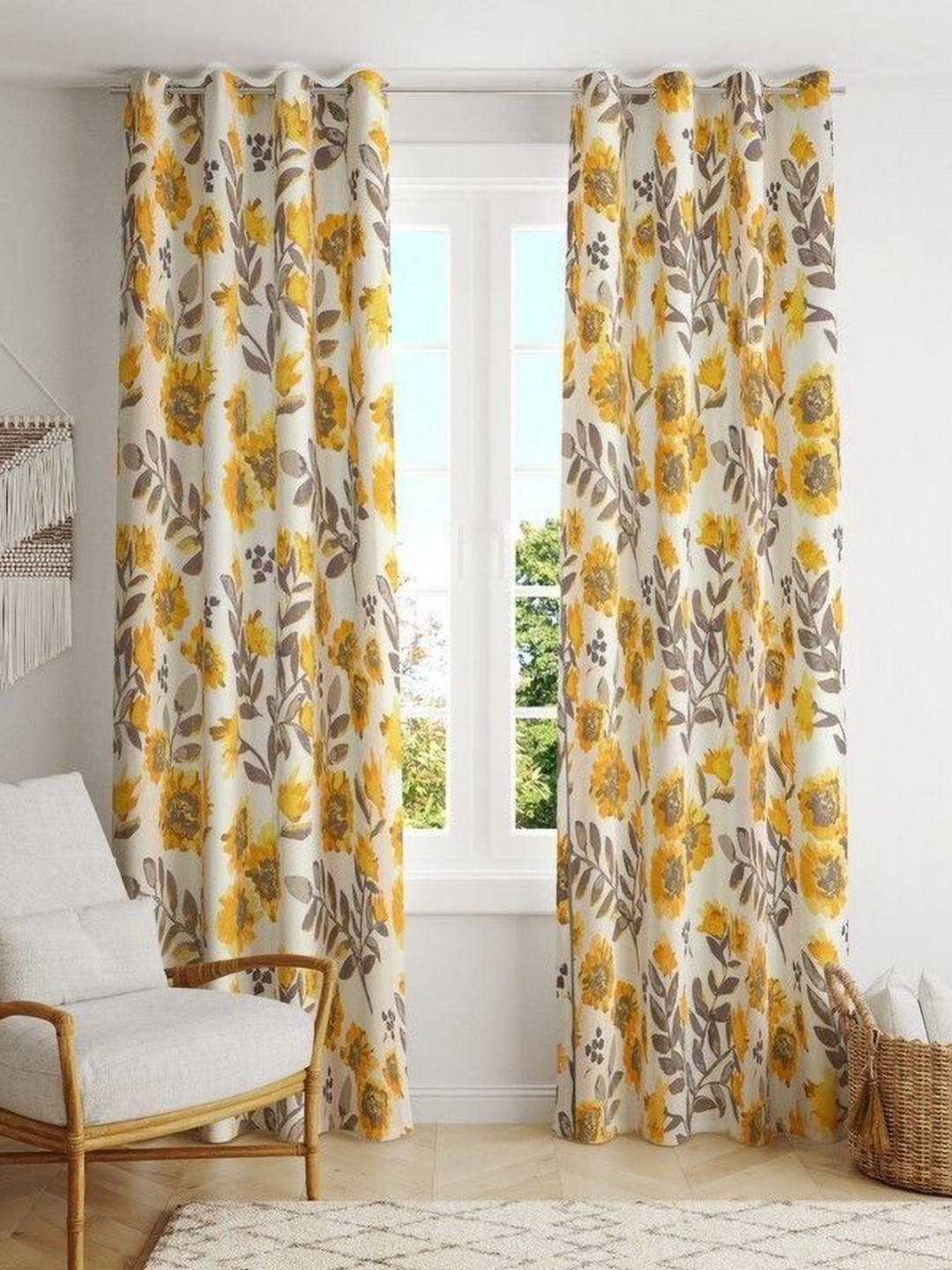 

BILBERRY Furnishing by preeti grover White & Yellow Set of 2 Floral Room Darkening Window Curtain