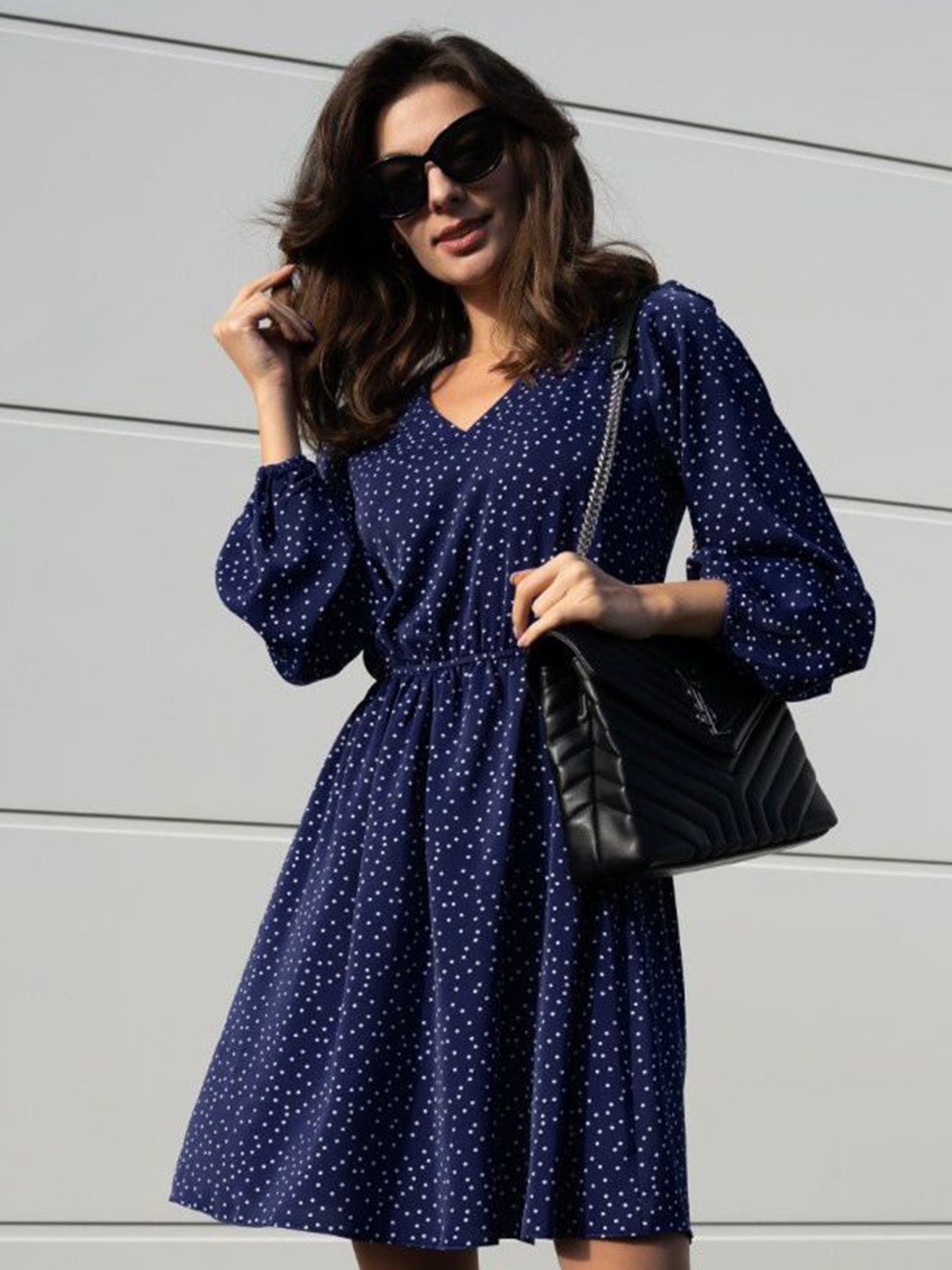 

StyleCast Polka Dot Bishop Sleeve A-Line Dress, Navy blue