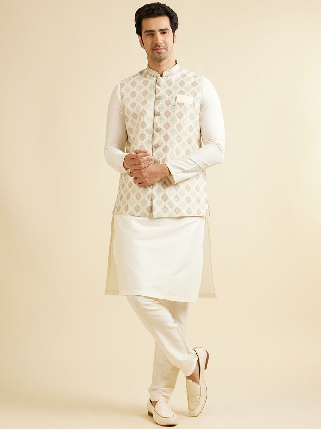 

Manyavar Woven Design Nehru Jackets, Cream