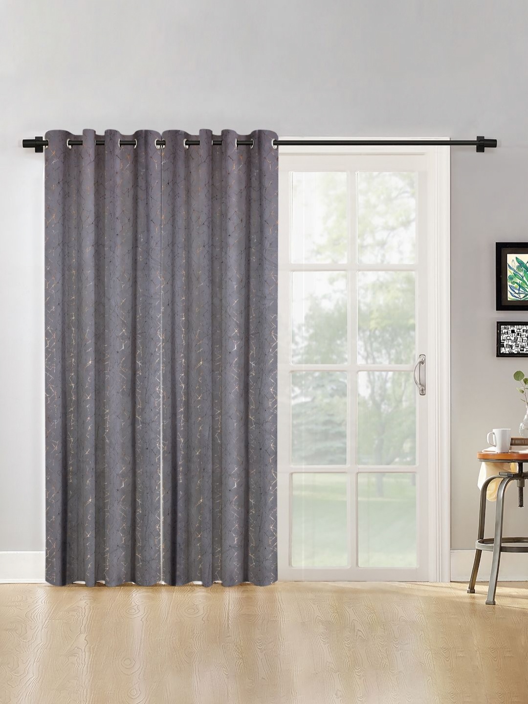 

SOKNACK Grey & Gold-Toned Set of 2 Black Out Door Curtain