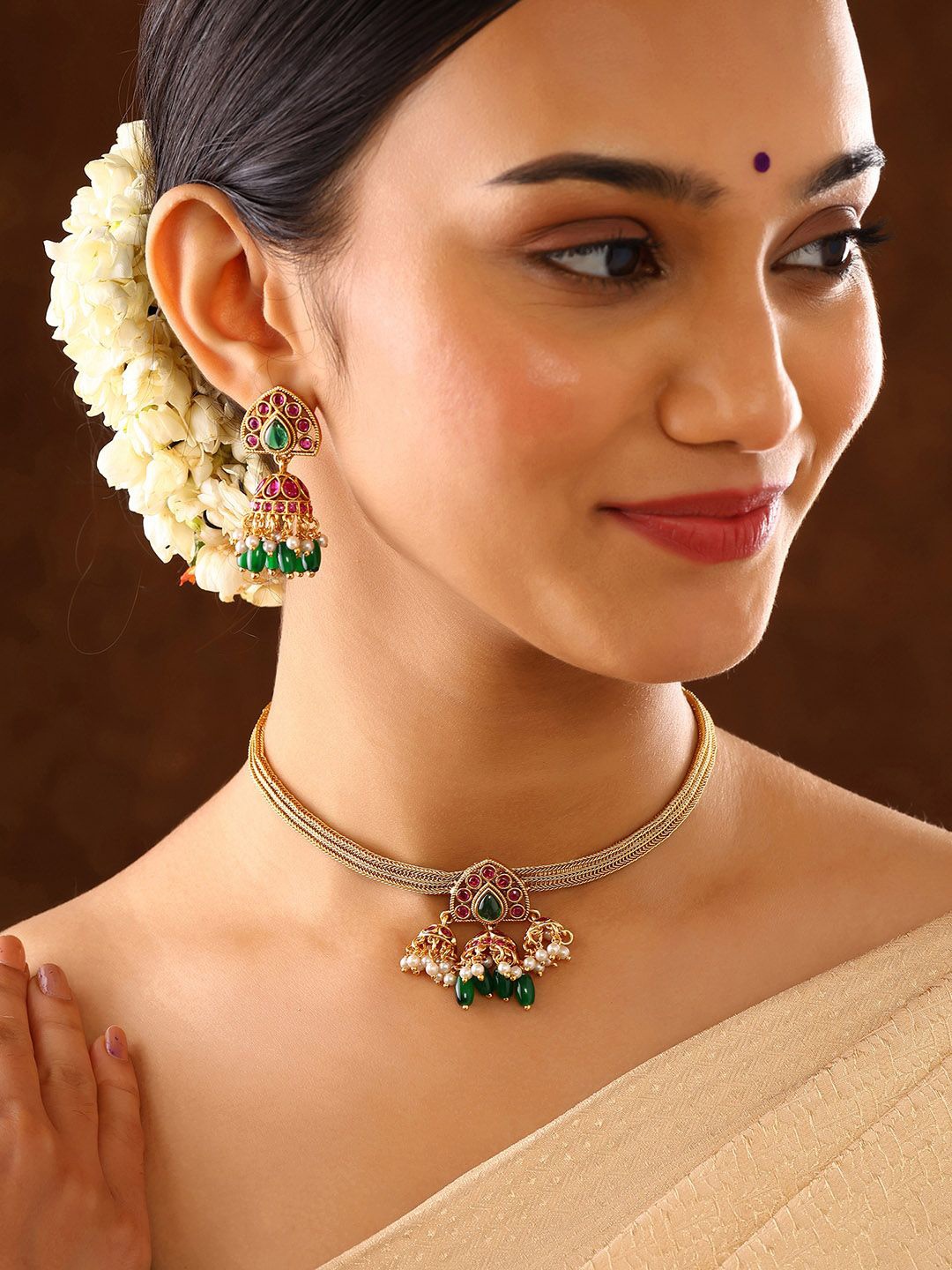 

Priyaasi Gold Plated Ruby Stone Studded & Beaded Attigai Jewellery Set