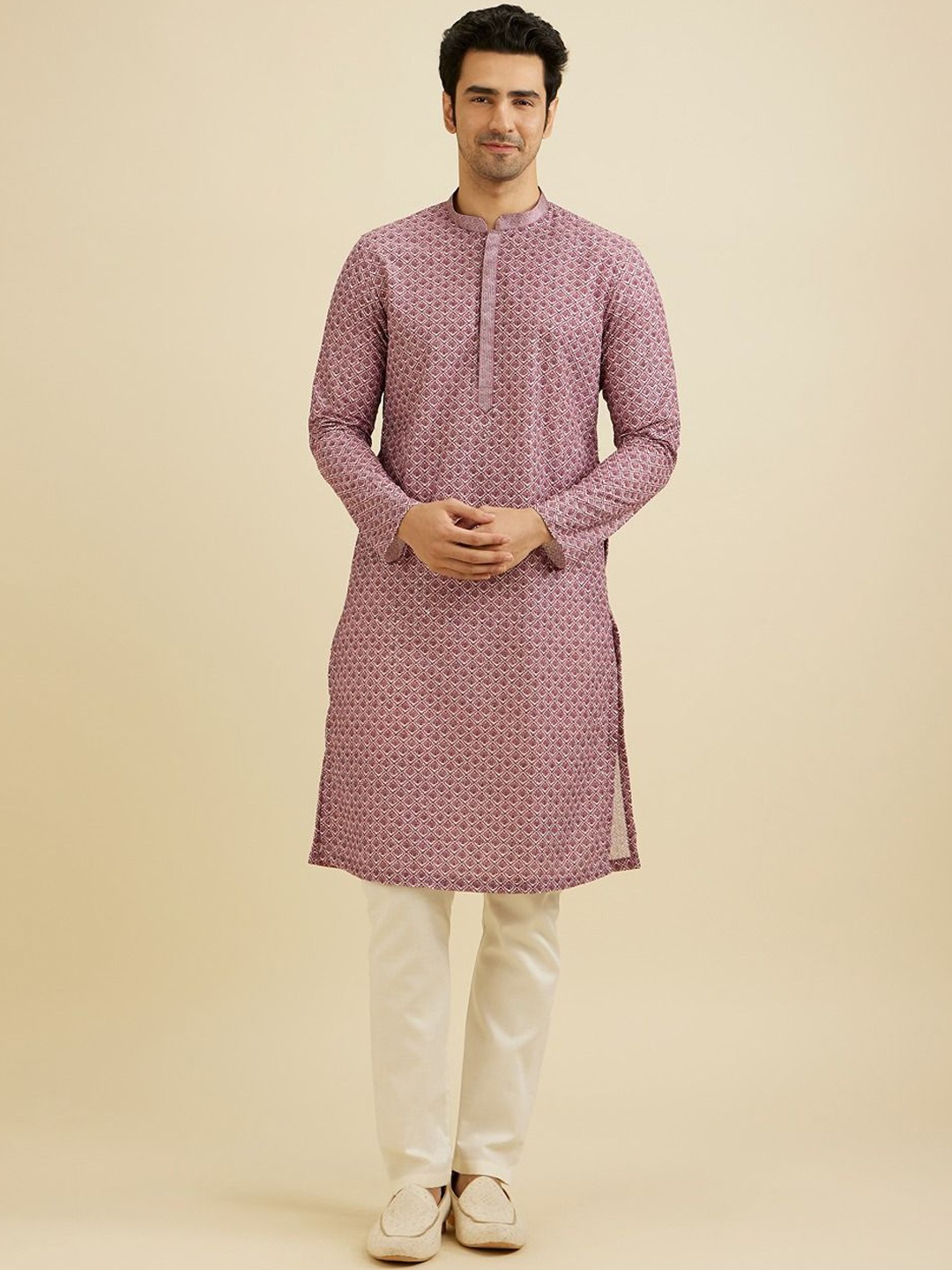 

Manyavar Men Embroidered Regular Sequinned Kurta with Pyjamas, Pink