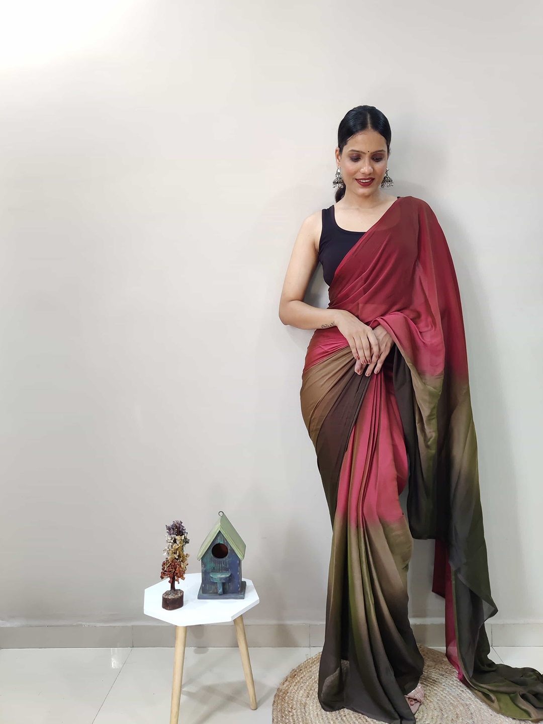 

KALINI Ombre Satin Ready to Wear Jamdani Saree, Maroon