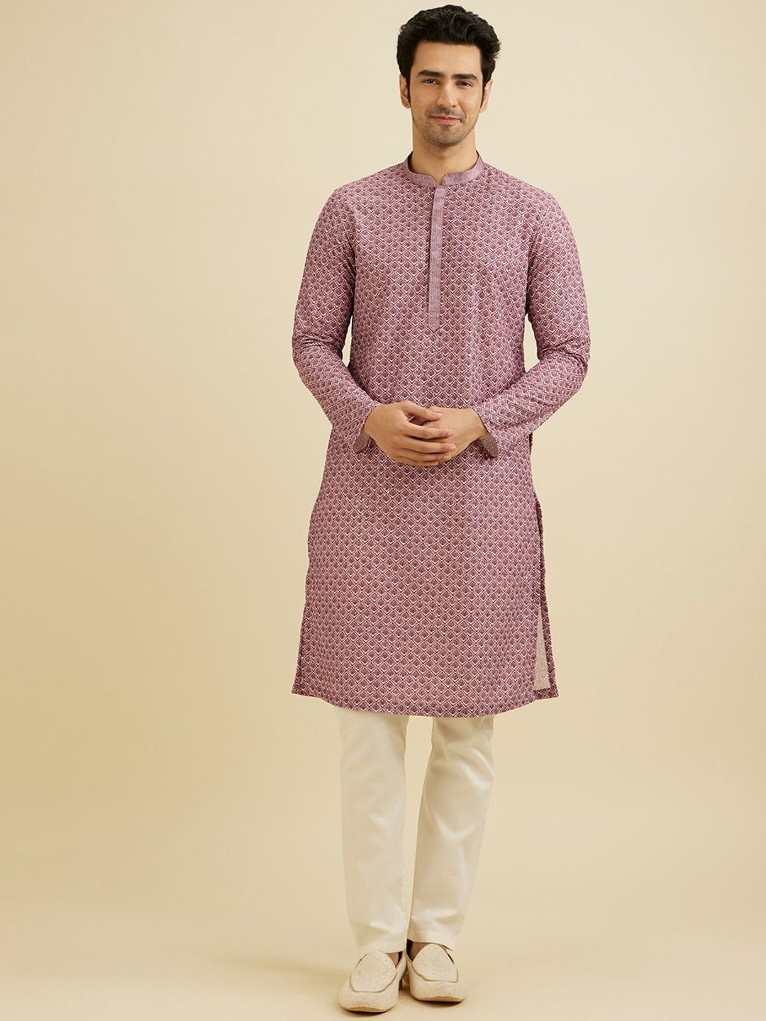 

Manyavar Men Embroidered Regular Sequinned Kurta with Pyjamas, Pink
