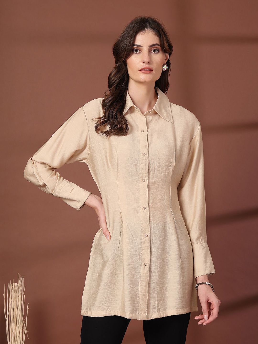 

plusS Women Standard Opaque Casual Shirt, Beige