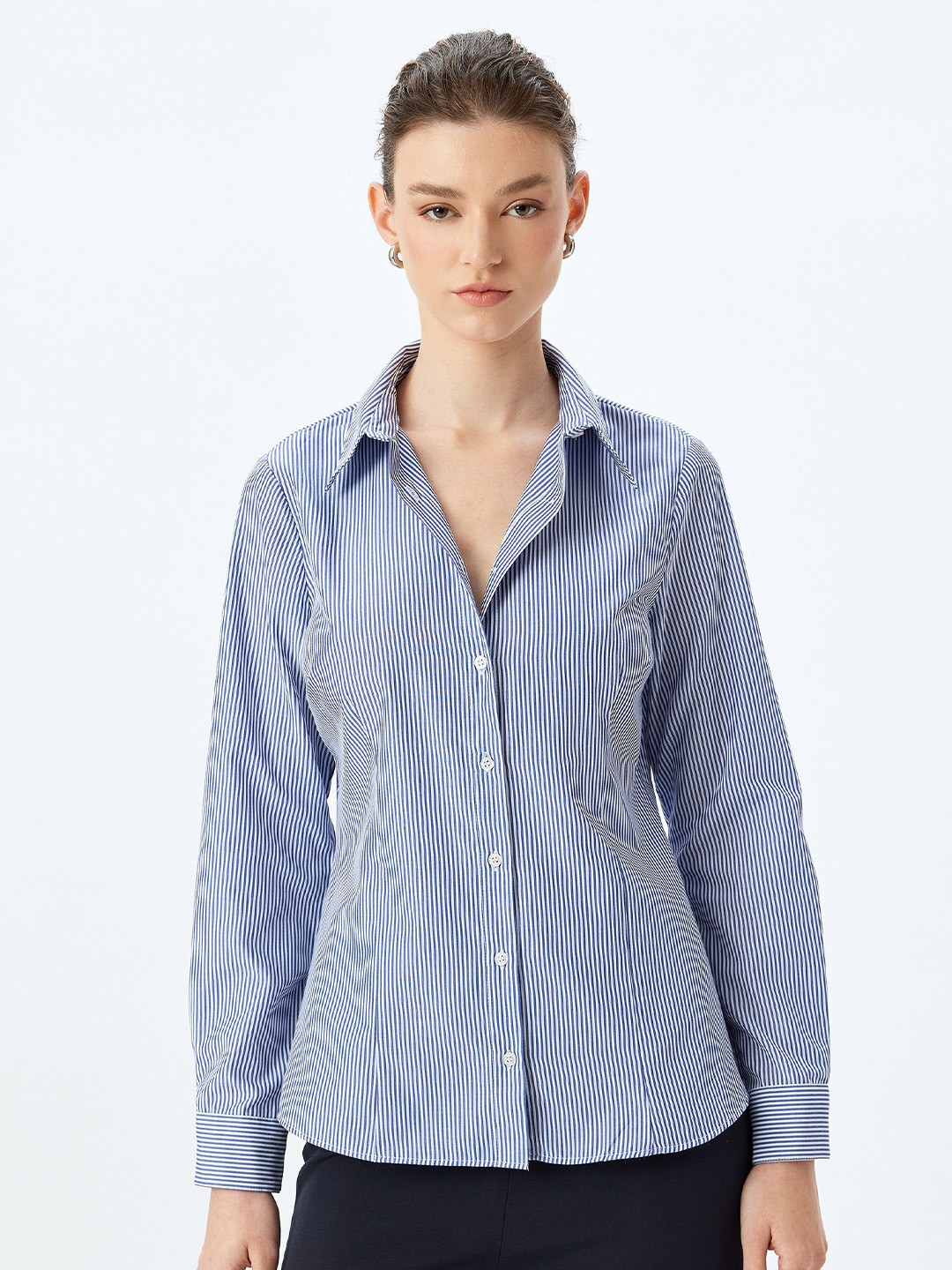 

Koton Women Slim Fit Opaque Striped Casual Shirt, Navy blue