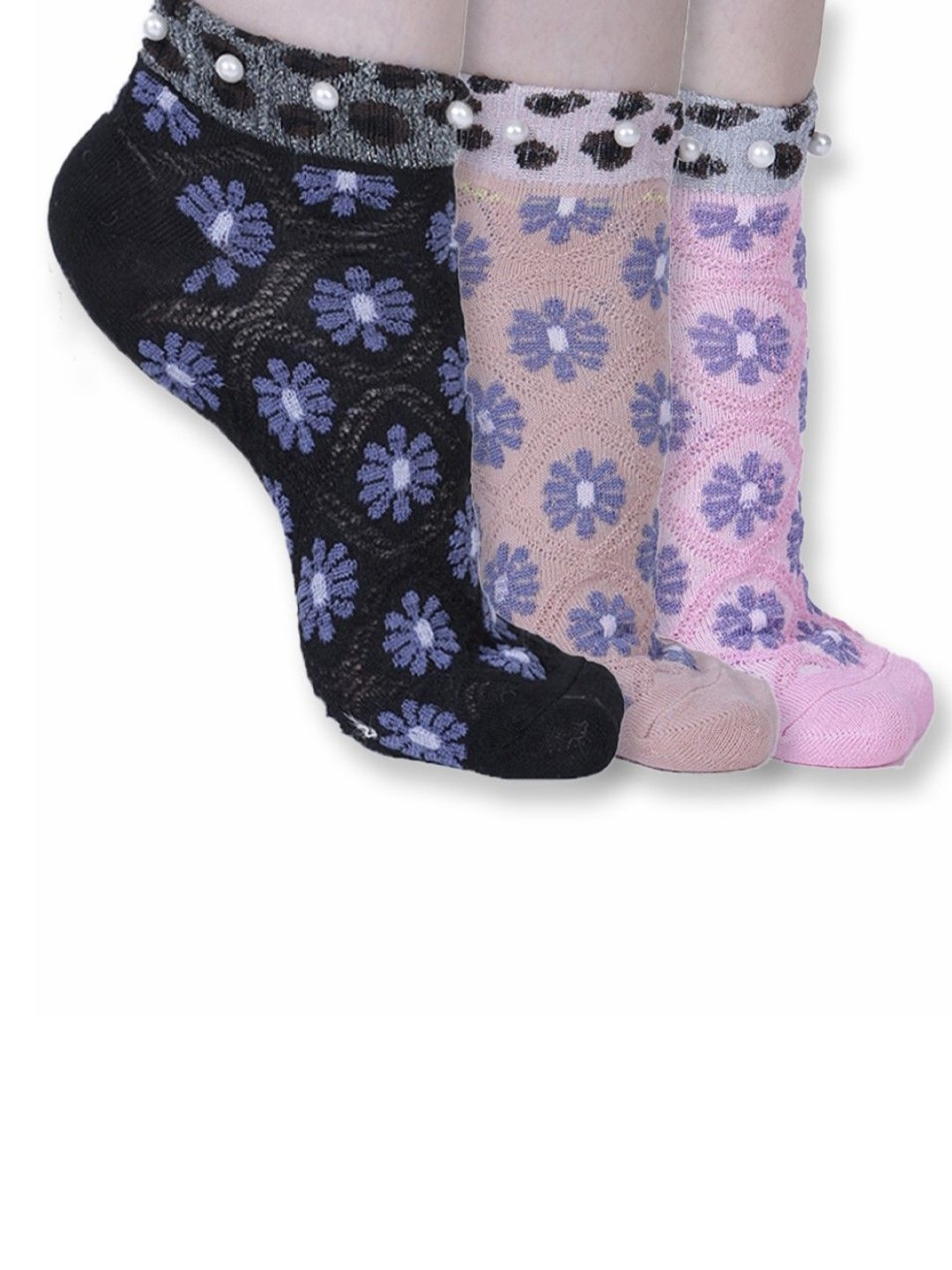 

Dollar Women Cotton Pack Of 3 Patterned Ankle Length Socks, Black