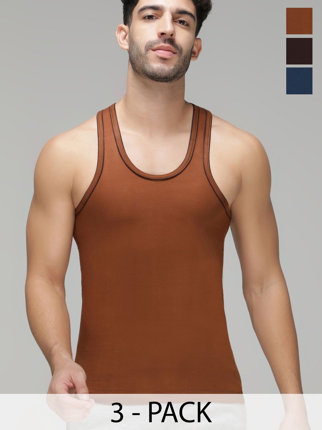 

AMUL COMFY Pack Of 3 Pure Cotton Innerwear Vests, Brown