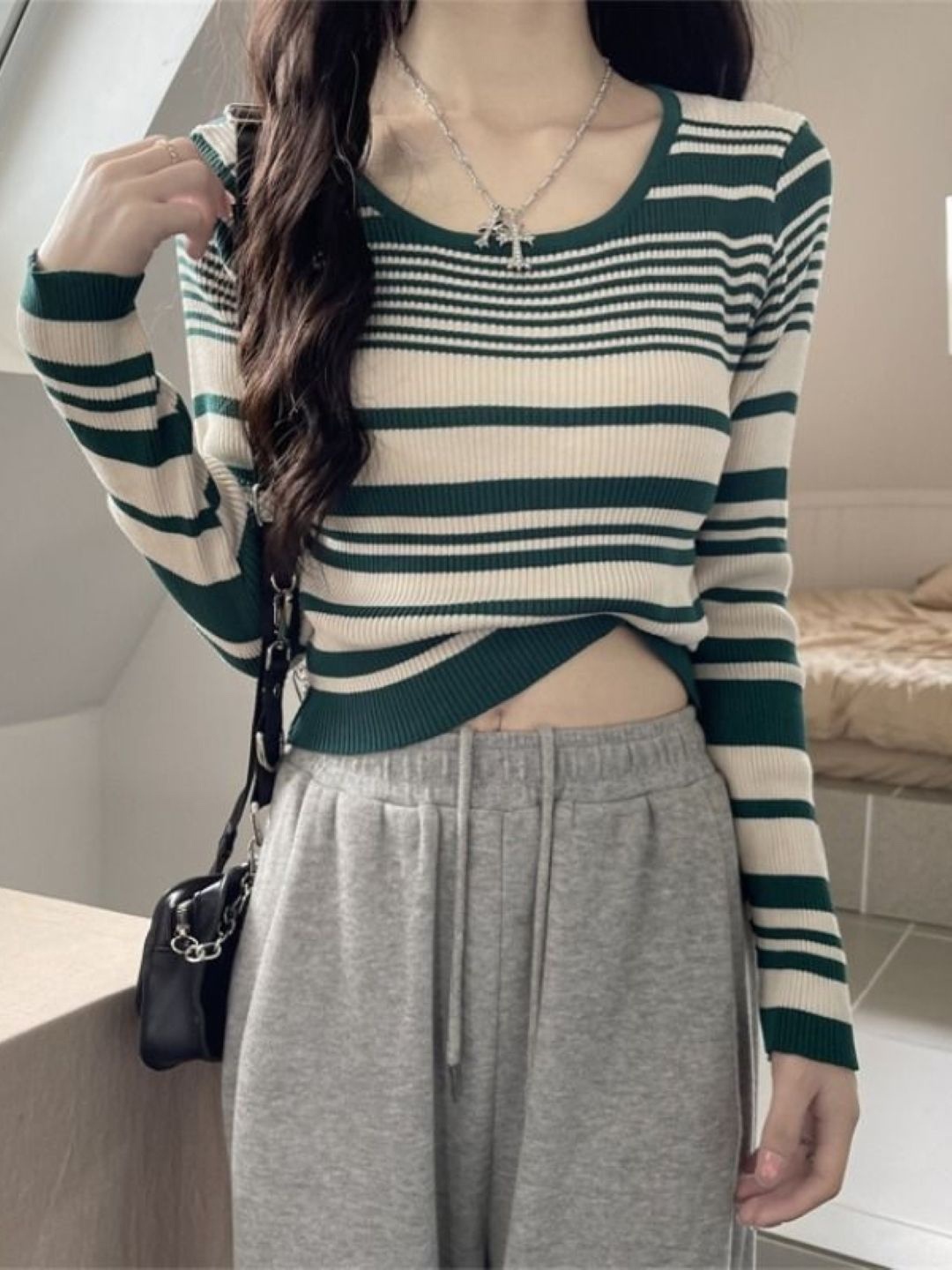 

StyleCast Women Striped Extended Sleeves Woolen Sweater, Green