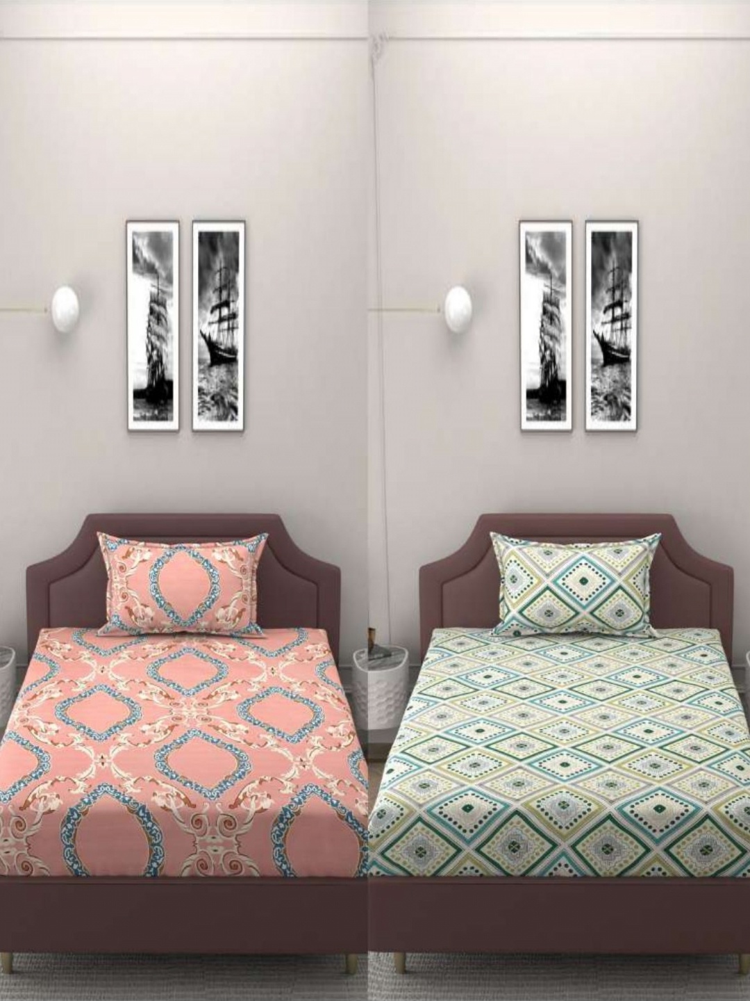 

BELVOSTUM Pink & Green 250 TC 2 Single Bedsheet with 2 Pillow Covers