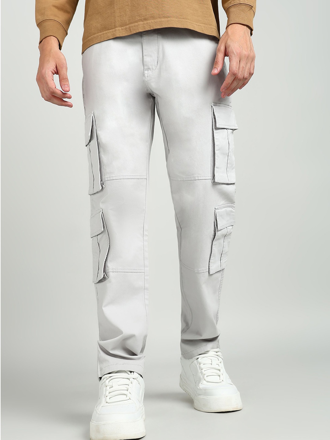 

AFLASH Men Cotton Relaxed Fit Mid-Rise Cargos Trousers, Off white