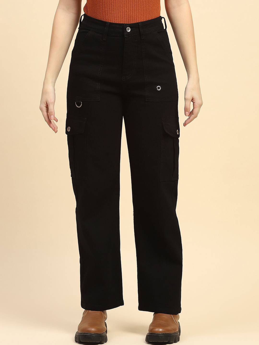 

Global Republic Women Smart Straight Fit High-Rise Cargos Trousers, Black