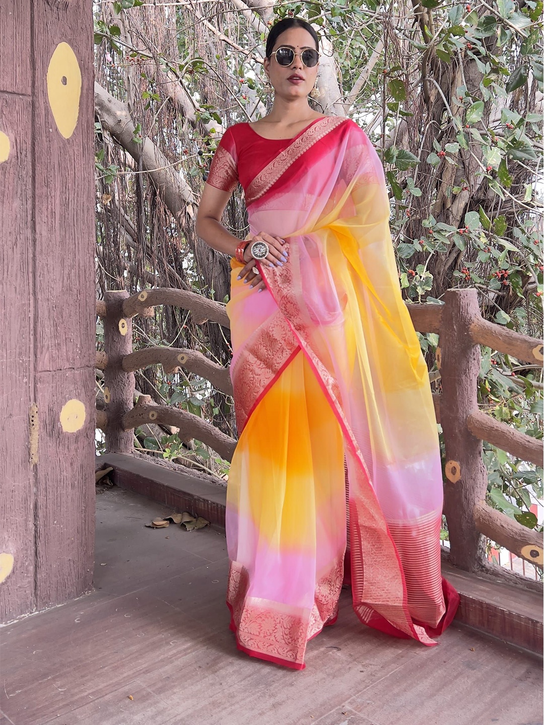 

KALINI Tie and Dye Zari Organza Holi Saree, Yellow