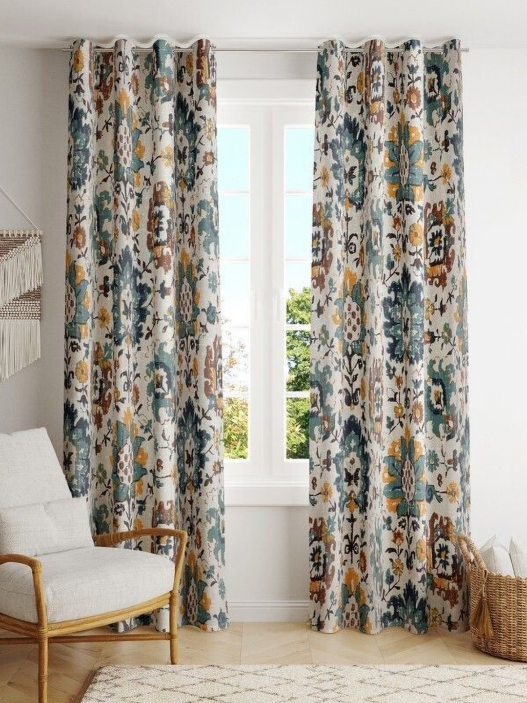 

BILBERRY Furnishing by preeti grover White & Blue Set of 2 Floral Sheer Window